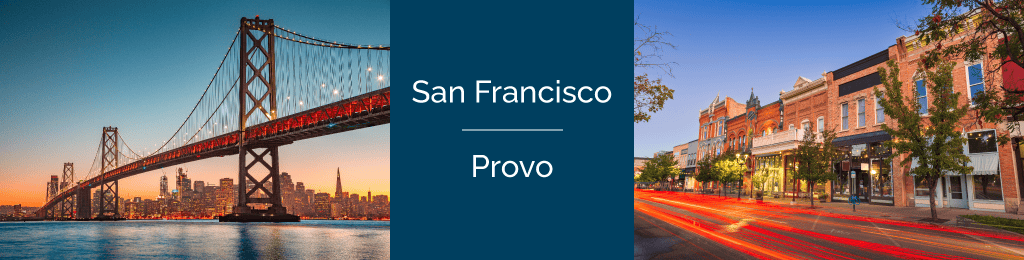 A collage that says San Francisco and Provo with photos of San Francisco's bay bridge with the city in the background and a busy downtown Provo street line with brick buildings